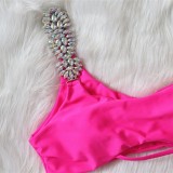Women Pink Bikini One-Shoulder Solid Diamonds Two Piece Swimwear