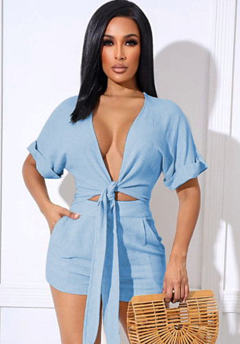Women Summer Blue Sexy V-neck Short Sleeves Crop Top Belted Two Piece Shorts Set
