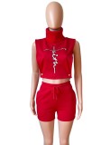 Women Spring Red Sexy Turtleneck Sleeveless Crop Top Letter Print Knit Two Piece Shorts Set