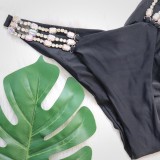 Women Black Bikini Halter Diamonds Two Piece Swimwear