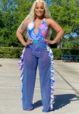 Women Spring Printed Sexy V-neck Sleeveless Bodysuit Ruffles Two Piece Pants Set