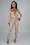 Women Spring Khaki Sexy Turn-down Collar Long Sleeve Solid Two Piece Pants Set
