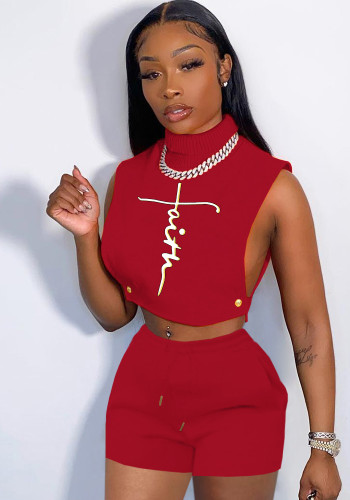 Women Spring Red Sexy Turtleneck Sleeveless Crop Top Letter Print Knit Two Piece Shorts Set