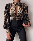 Women Spring Printed Vintage Stand Collar Puff Sleeve Hollow Out Shirt