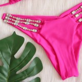 Women Pink Bikini Halter Diamonds Two Piece Swimwear