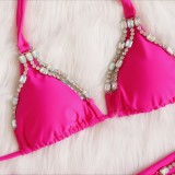 Women Pink Bikini Halter Diamonds Two Piece Swimwear