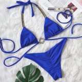 Women Blue Bikini Turndown Collar Diamonds Two Piece Swimwear