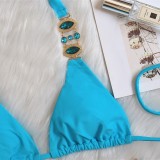 Women Blue Bikini Halter Diamonds Two Piece Swimwear