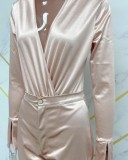 Women Spring Nude Sexy Turn-down Collar Long Sleeve Solid Two Piece Pants Set