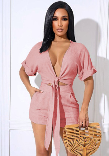 Women Summer Pink Sexy V-neck Short Sleeves Crop Top Belted Two Piece Shorts Set