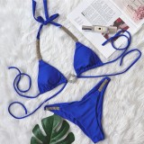 Women Blue Bikini Turndown Collar Diamonds Two Piece Swimwear
