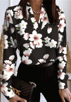 Frauen-Frühlings-bedrucktes romantisches Langarm-Blumendruck-Shirt mit V-Ausschnitt