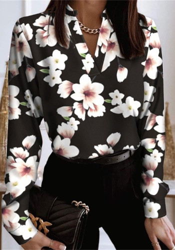Vrouwen lente bedrukt romantisch V-hals shirt met lange mouwen en bloemenprint