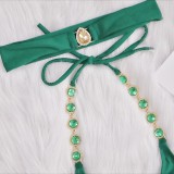 Women Green Bikini Halter Solid Diamonds Two Piece Swimwear