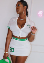 Women Summer White Turn-down Collar Short Sleeves Letter Print Crop TopTwo Piece Skirt Set