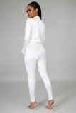 Women Spring White Sexy Turn-down Collar Long Sleeve Solid Two Piece Pants Set