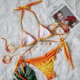 Women Orange Bikini Halter Tie Dye Tassel Chain Two Piece Swimwear