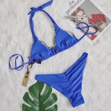 Women Blue Bikini Halter Diamonds Two Piece Swimwear