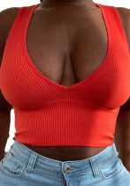 Camisetas sin mangas de punto sólido con cuello en V profundo rojo de verano para mujer