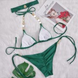 Women Green Bikini Halter Solid Diamonds Two Piece Swimwear