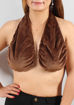 Top de toalla de baño con cuello halter marrón primavera para mujer