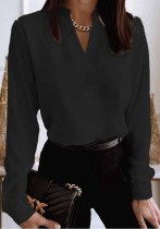女性の春の黒のVネック長袖ソリッドシャツ