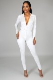Women Spring White Sexy Turn-down Collar Long Sleeve Solid Two Piece Pants Set