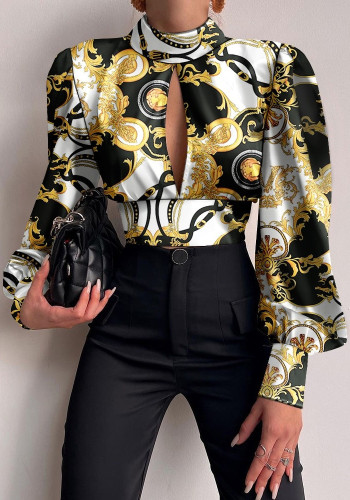 Women Spring Printed Vintage Stand Collar Puff Sleeve Hollow Out Shirt