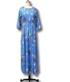 Summer Women Blue Floral Printed Long Maxi Holiday Dress