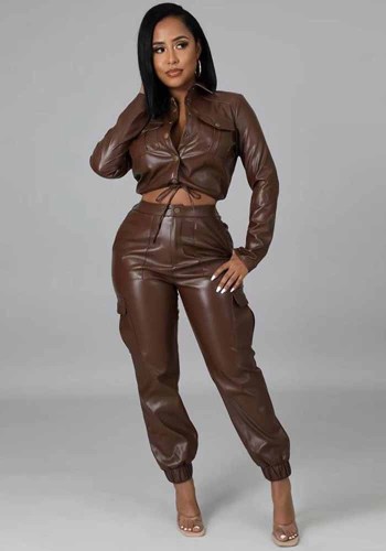 Весенний женский коричневый кожаный укороченный топ с длинным рукавом и брюки из двух частей