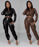 Spring Women Brown Leather Long Sleeve Crop Top and Pants Two Piece Set