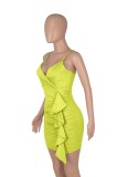 Summer Women Green Strap Ruffles Mini Club Dress