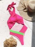 Summer Women Pink Sexy Cross Halter One-Piece Swimwear