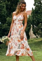 Sommer-Frauen-Blumendruck-dünner Bügel-langes Feiertags-Kleid