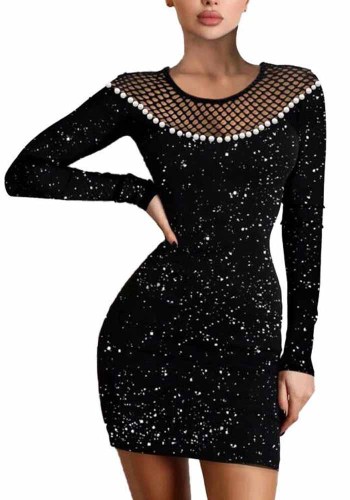 Spring Women Black Beaded Long Sleeve Mini Club Dress