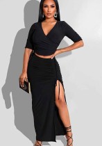 Conjunto de dos piezas de falda larga y top corto con cuello en V negro para mujer de verano