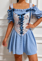 Vestido de fiesta dulce con hombros descubiertos y flores azules para mujer de verano