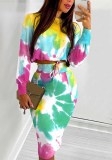 Spring Women Printed Long Sleeve Crop Top and Pencil Skirt Two Piece Set