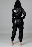 Spring Women Black Leather Long Sleeve Crop Top and Pants Two Piece Set