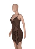 Summer Women Brown Strap Ruffles Mini Club Dress