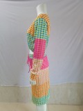 Conjunto de dos piezas de falda lápiz y top corto de manga larga con estampado de primavera para mujer