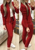 Spring Women Red Plaid Printed Long Sleeves Tracksuit