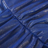 Summer Women Blue Sexy Strap Metallic Irregular Party Dress
