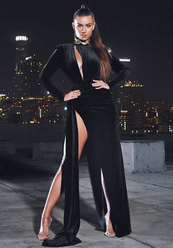 Spring Women Black Velvet Long Sleeve Slit Evening Dress