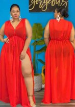 Vestido maxi de talla grande con cuello en V y abertura sin mangas rojo de verano para mujer