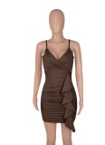 Summer Women Brown Strap Ruffles Mini Club Dress