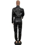 Spring Women Black Leather Long Sleeve Crop Top and Pants Two Piece Set