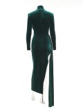 Bahar Bayan Yeşil Kadife Uzun Kollu Yırtmaçlı Abiye Elbise