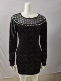Mini vestido de club de manga larga con cuentas negras de primavera para mujer