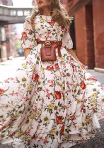 Sommer-Frauen-Rosa-Blumendruck-langes Maxi-Feiertags-Kleid